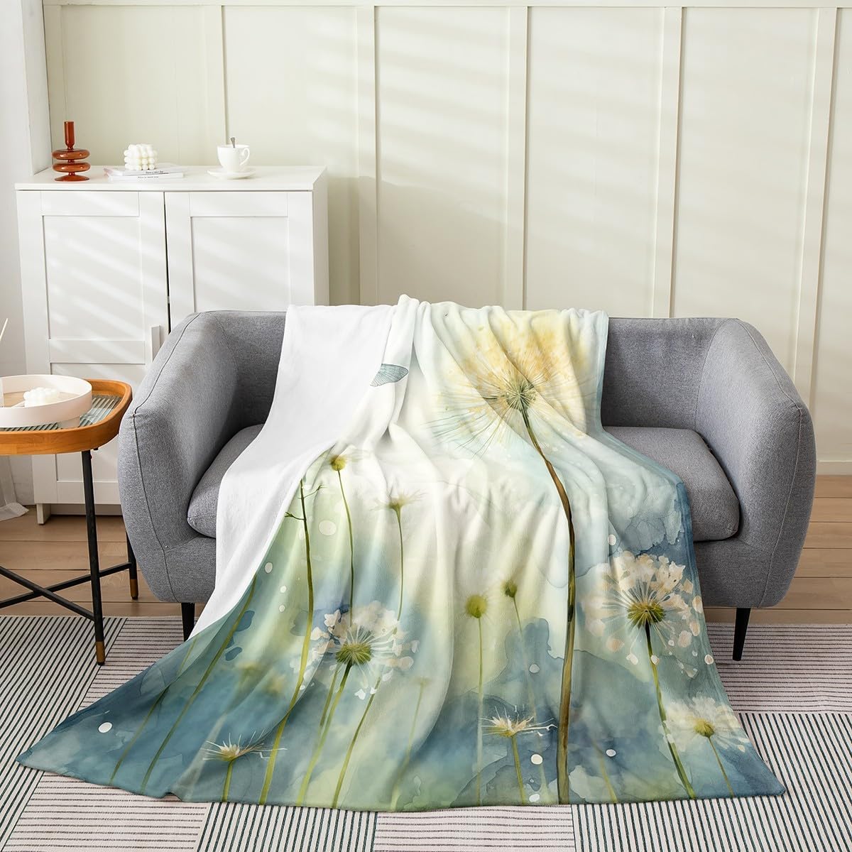 Erosebridal Dandelion Throw 50x60 Blanket, Dragonfly Throw Blanket, Romantic Vintage Sketch Fleece Blanket, Nature Aesthetic Ink Painting Fuzzy Blanket Bedroom Living Room, Yellow Blue