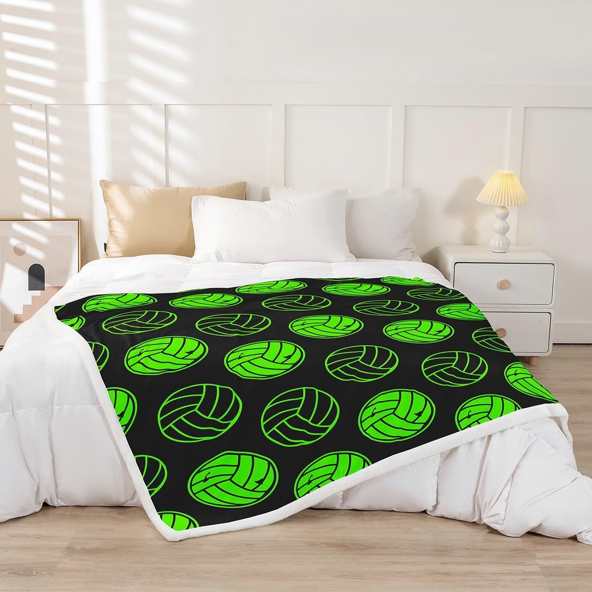 Feelyou Volleyball Fleece Blanket Kids Volleyball Sports Theme Sherpa Throw Blanket 3D Ball Games Fuzzy Plush Blanket for Boys Girls Green Black Room Decor Lightweight Flannel Blanket Throw 50"x60"
