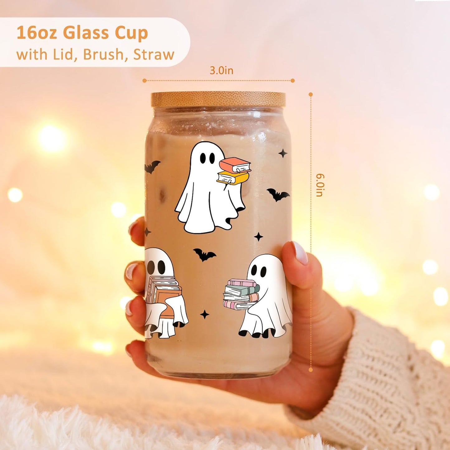 Fairy's Gift Ghost Reader Halloween Cup, Cute Spooky Gifts for Book Lovers, 16 oz Iced Coffee Tumbler Cup w/Lid Straw, Book Themed Bookworm Bookish Reading Halloween Gifts for Women Librarian Reader
