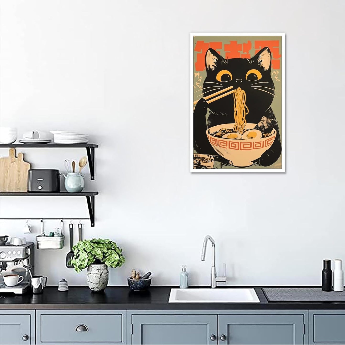 noskisy Vintage Black Cat Eat Tasty Noodle Posters Japanese Cute Cats Canvas Wall Art Period Ramen Cat Lovers Prints Painting For Kitchen Home Bedroom Dorm Wall Decor 8x12in Unframed