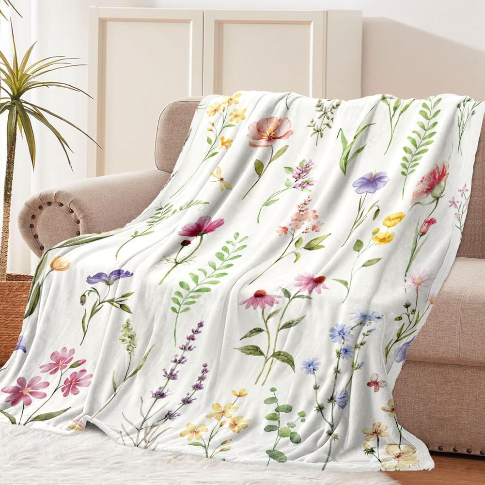 Tupmnbry Wildflowers Throw Blanket Botanical Floral Printed Blanket Super Soft Flannel Throw Blankets Lightweight Fluffy Plush Fuzzy Bed Blankets for Bedding Sofa 50"X60"