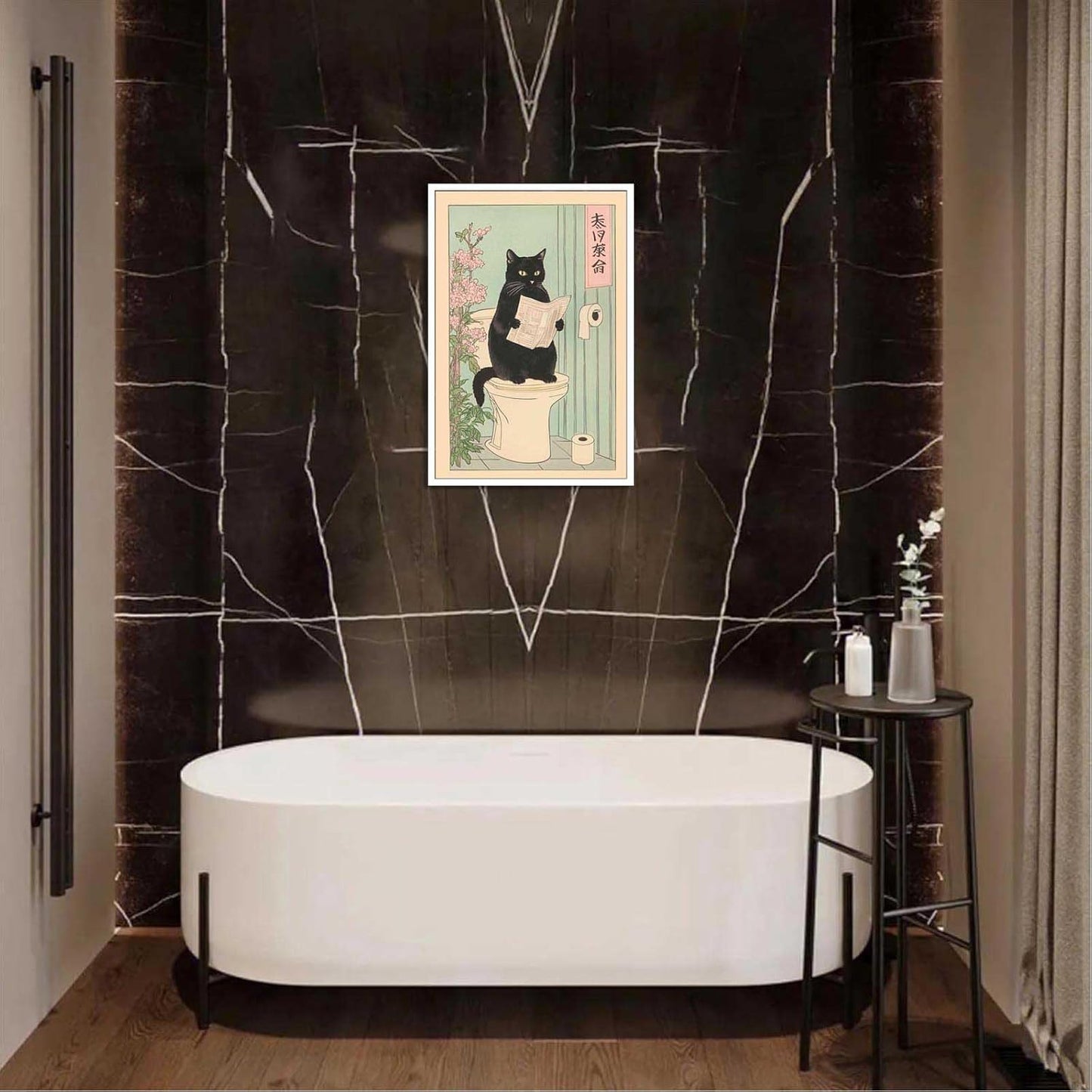 Japanese Black Cat Reading Newspaper Canvas Wall Animal Sitting On The Toilet Poster Aesthetic Minimalism Prints Painting For Bathroom Home Bedroom Dorm Wall Decor 12x16in Unframed