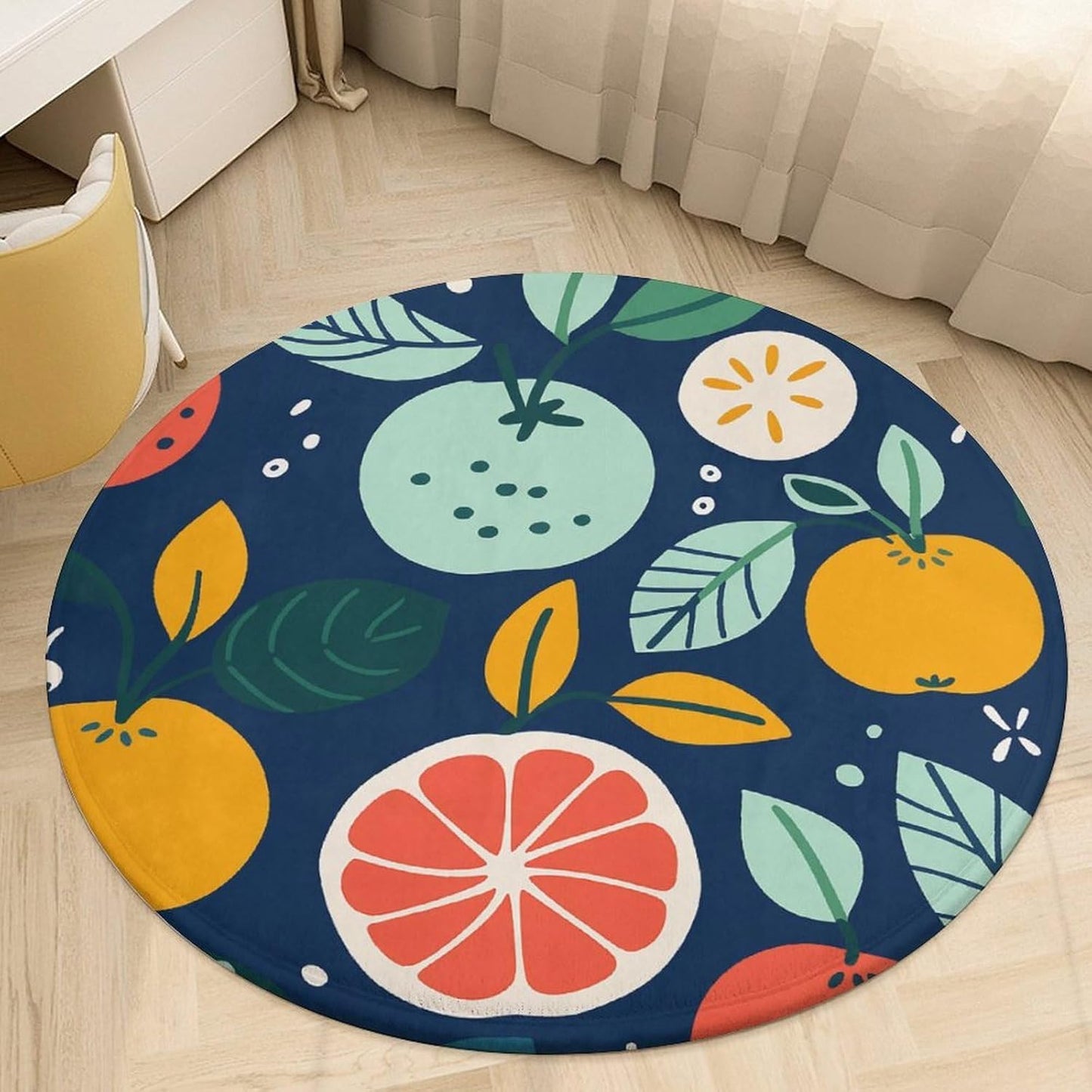 Hand Drawn Fruits Circle Rug Retro Luxury Coral Velvet Floor Mat Non Slip Soft Indoor Floor Carpet Comfy Thickened Area Rugs Modern Aesthetic Minimalist Carpets for Home Decor