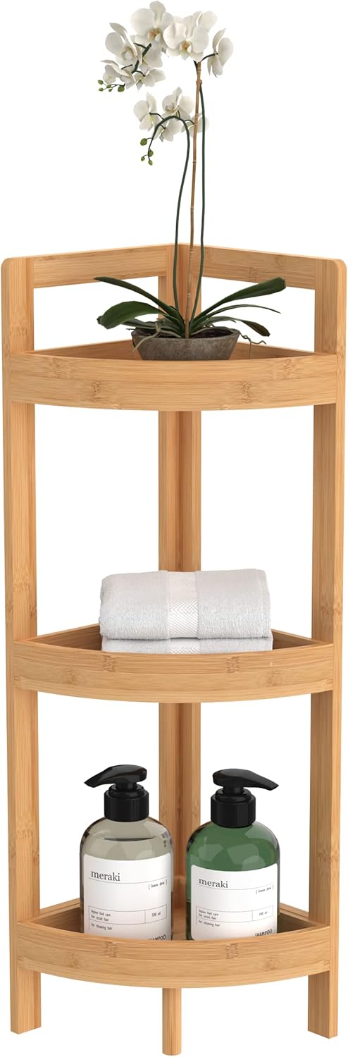 ClosetMaid Corner Shelf, 3 Tiers with Display Shelves, Floor Standing Bookshelf, Small Space Shelving Unit, Plant Stand, Bamboo Wood