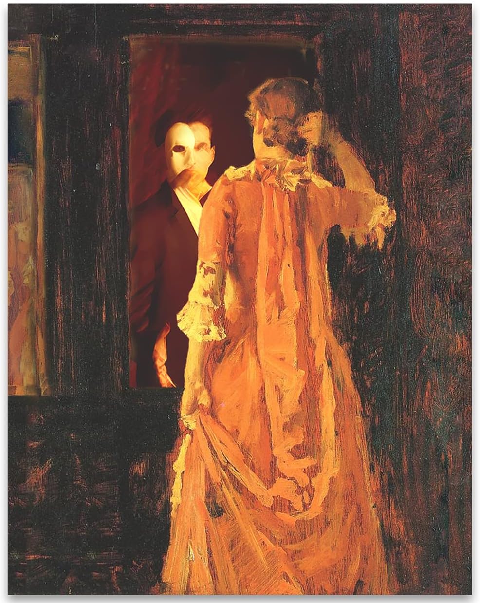 Masked Phantom 11x14 Unframed Print – Gothic Romantic Wall Art, Vintage Mirror Scene, Mysterious Masked Man and Woman, Dark Academia Decor, Baroque Theater-Inspired Poster for Home or Library
