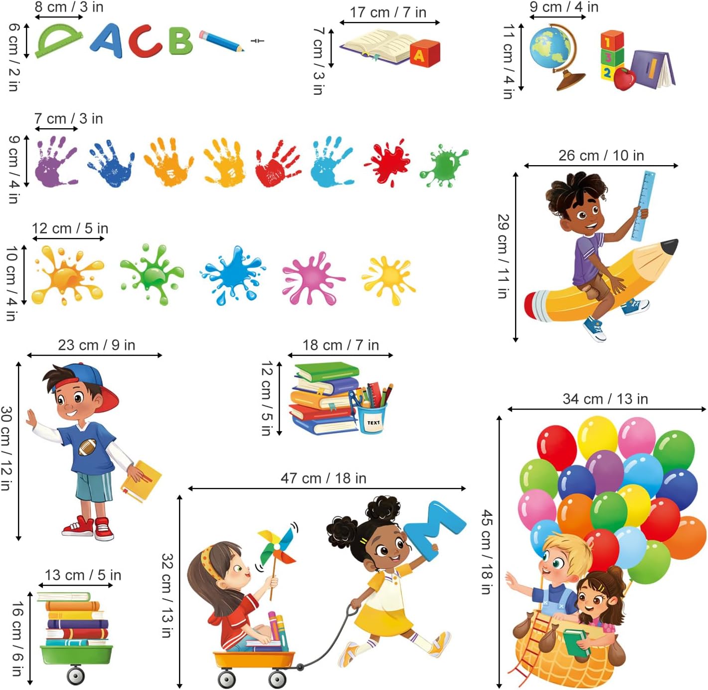 decalmile Reading Corner Balloon Wall Stickers Books Kids Handprint Educational Wall Decals Reading Room Study Room School Wall Decor