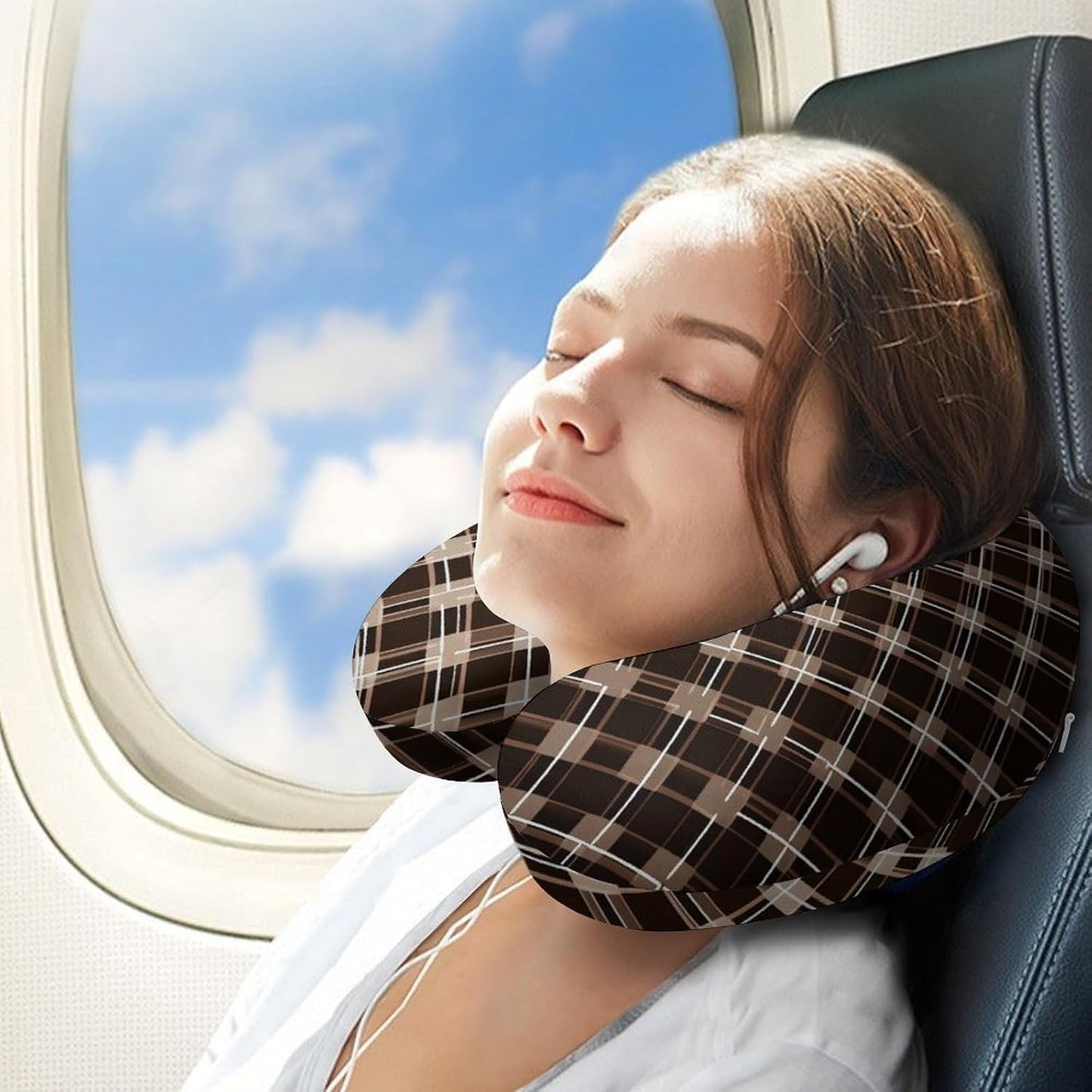Brown and White Neck Pillow Memory Foam U Shaped Pillows Portable Pillows for Shoulder Travel Head Support Pillow with Concealed Zipper for Airplane Car Home Office