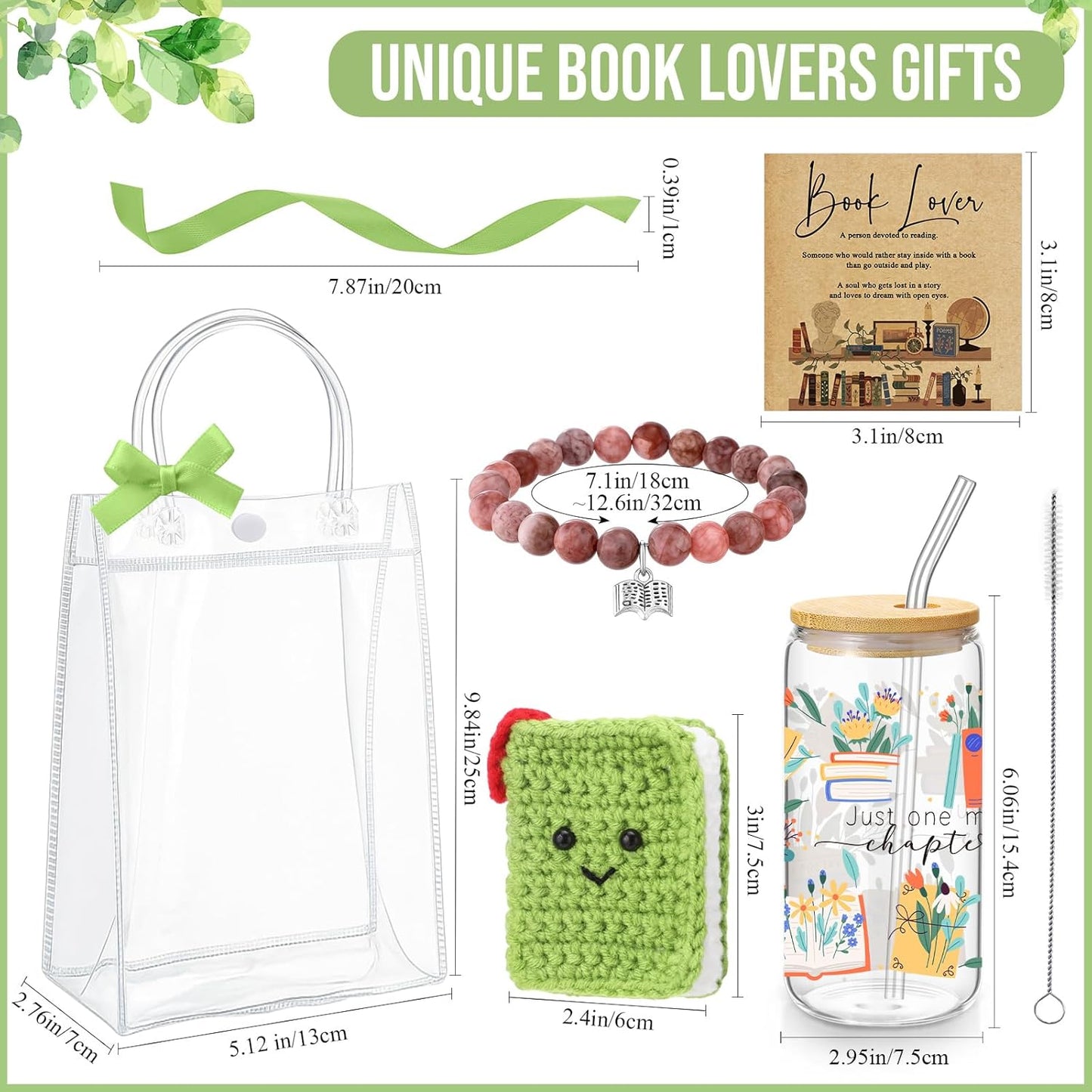 Roshtia 6 Pcs National Reading Month Librarian Gifts Book Lover Gift Glass Cup with Lid and Straw Crocheted Book Doll Bracelet Card for Women Reader Bookish Librarian Bookworm Birthday Gifts