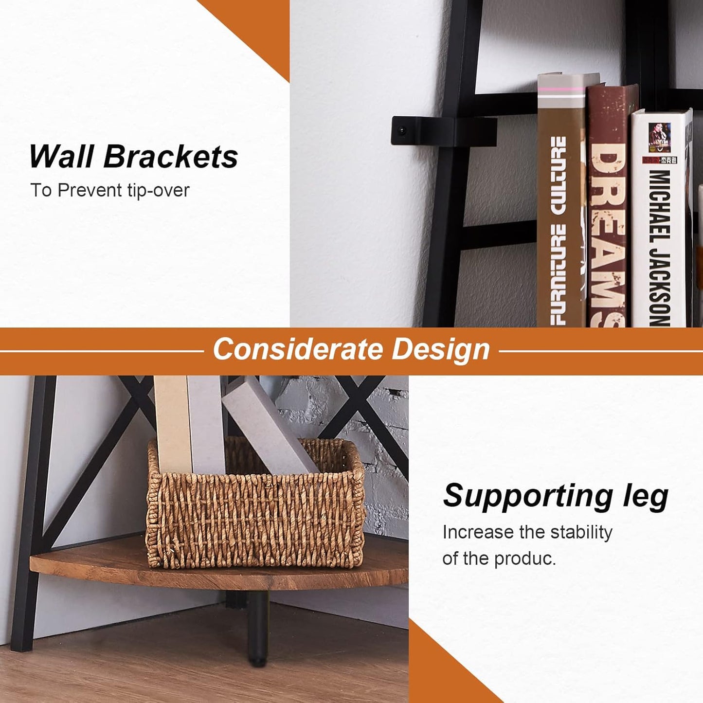 HOMBAZAAR 72 Inch Tall Corner Shelf, 5 Tier Corner Ladder Bookshelf, Tall Corner Bookcase with Metal Frame, Rustic Shelf Stand for Living Room, Bedroom, Office, Rustic Brown