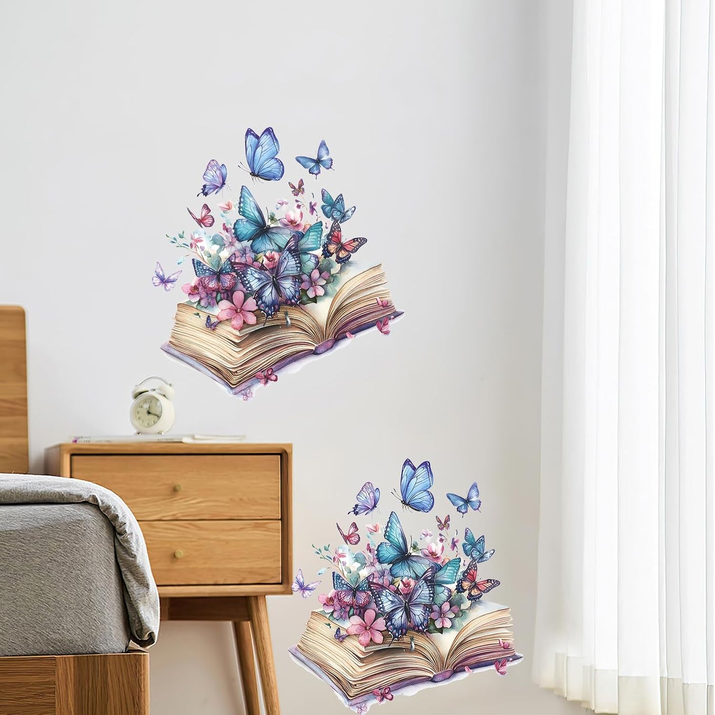 Magic Book Wall Decals Colorful Flower Butterfly Wall Stickers, Purple Butterflies Decoration for Girls & Boys Bedroom Removable Vinyl Peel and Stick for Living Room, Bathroom, Library