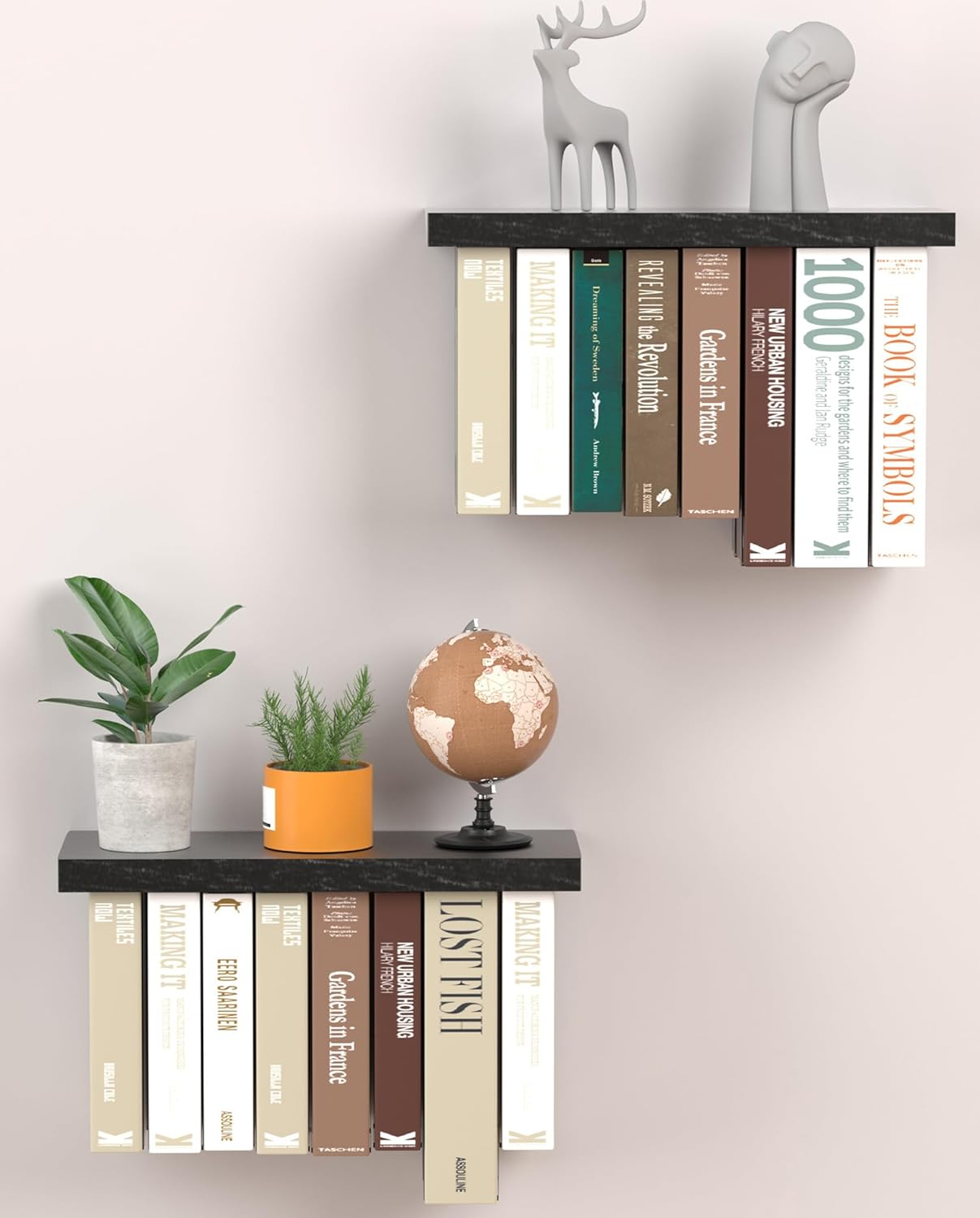 Floating Book Shelves for Wall Mounted Set of 2, Wood Hanging Bookshelf, Book Display Shelf for Wall, Unique Space Saving Book Shelf Wall Book Holder (Black)
