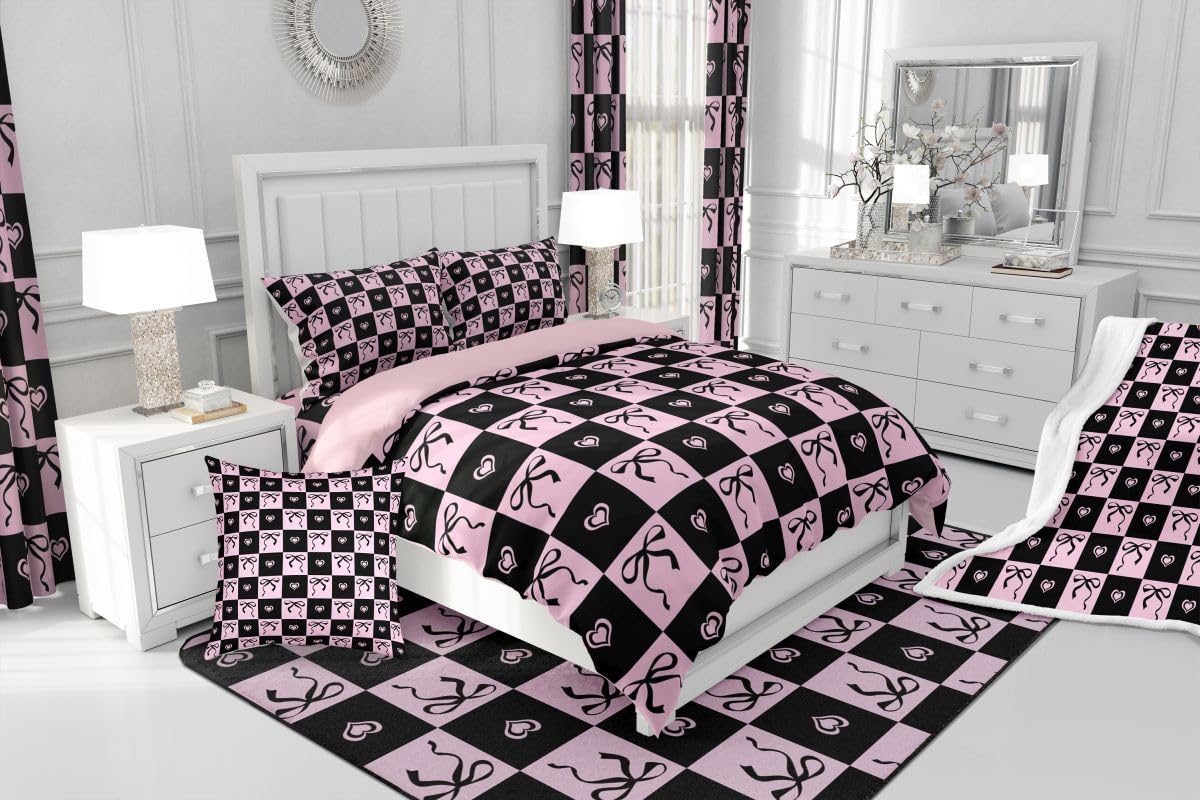 Feelyou Cute Bow Sherpa Throw Blanket for Couch Pink Plaid Checkered Super Soft Cozy Fleece Pink Black Blanket for Winter, Plush Throw Twin 60"x80" All Season