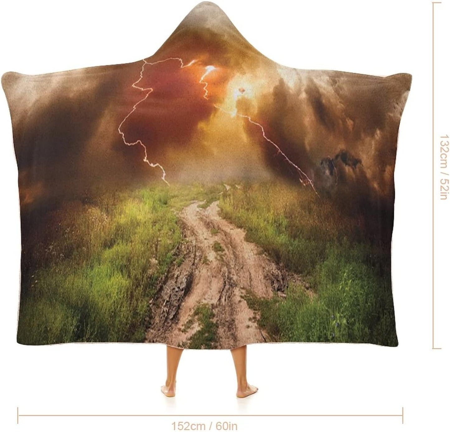 Throw Blankets, Nature Women Men Hooded Blanket, Dazzling Big Rain Cloud Over Earth Path Road, Soft Warm Cozy, 60 x 80inches, Studying Reading Snuggling Napping Office, Multicolor