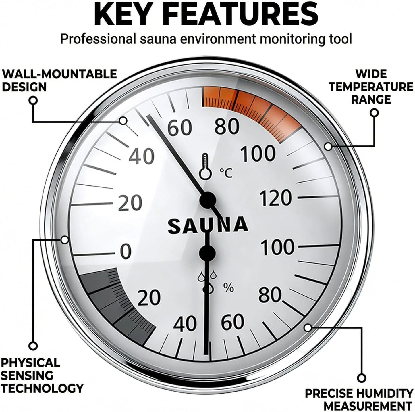 Sauna Thermometer and Hygrometer, 2-in-1 Large Dial Temperature Humidity Monitor with Aluminum Frame, Easy to Read for Sauna Room, Home, Greenhouse Thermometer and Hygrometer