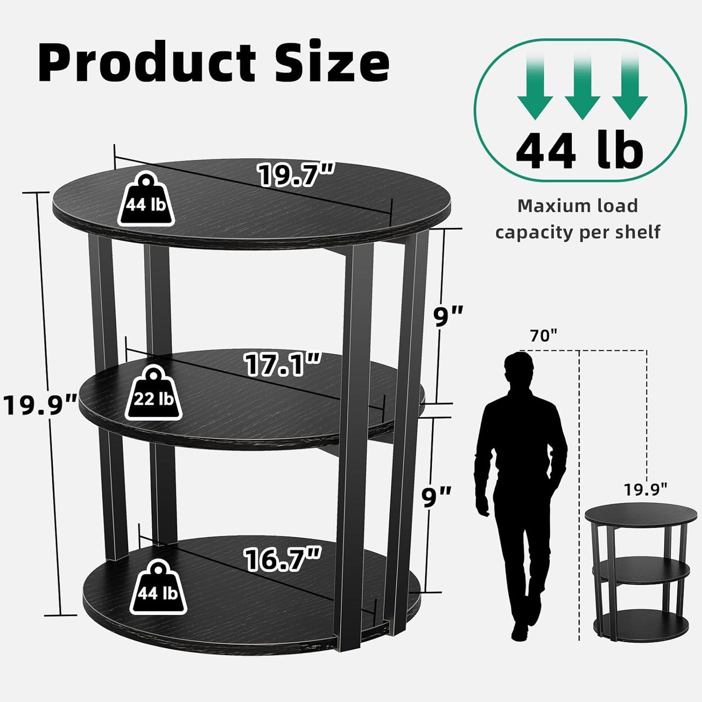 Round Side Table, 3-Tier Rotating Side Table, Big Shelf End Table Living Room with Lazy Susan, Nightstand for Small Spaces Living Room Bedroom Sofa, Pure Black
