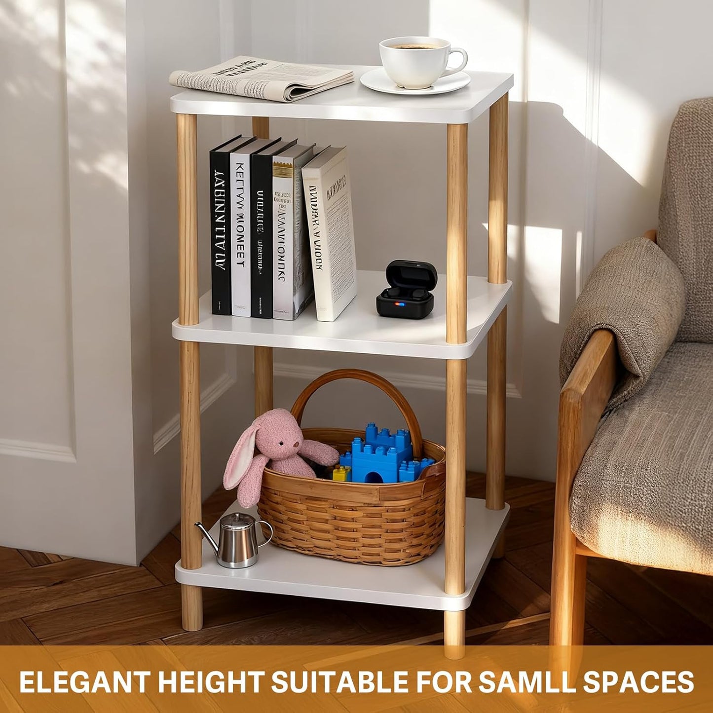 YGYQZ 3 Tier End Table，Tall Side Table with Solid Wood Legs，Small Bedside Table with Storage Shelf，Nightstand for Small Spaces，Living Room,Bedroom，29 in Hight,No Tool Installation,White+Natural