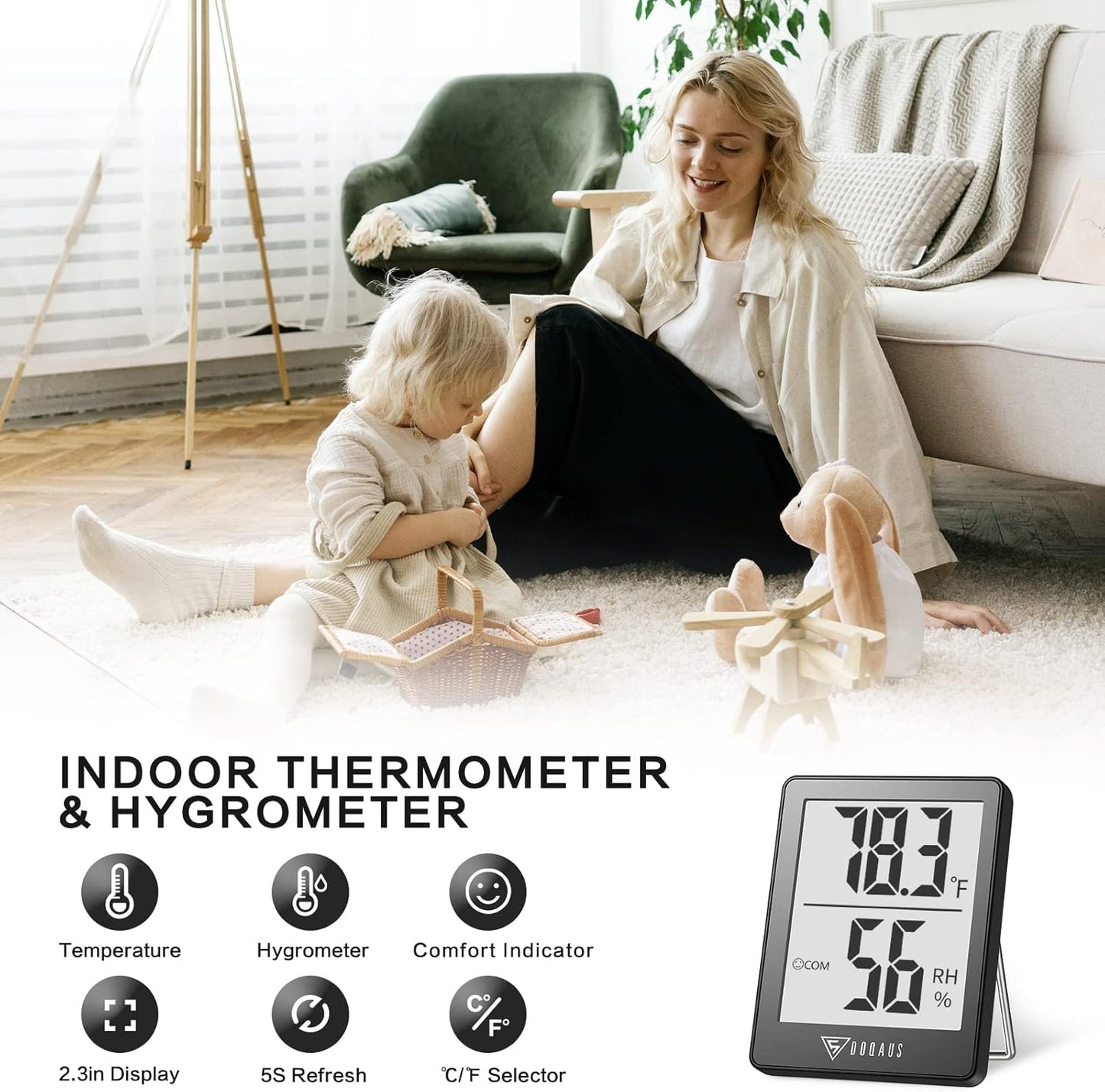 DOQAUS Digital Hygrometer Indoor Thermometer Room Thermometer with 5s Fast Refresh Temperature Humidity Monitor for Bed Room, Baby Room, Basement, Greenhouse, Office (Grey)