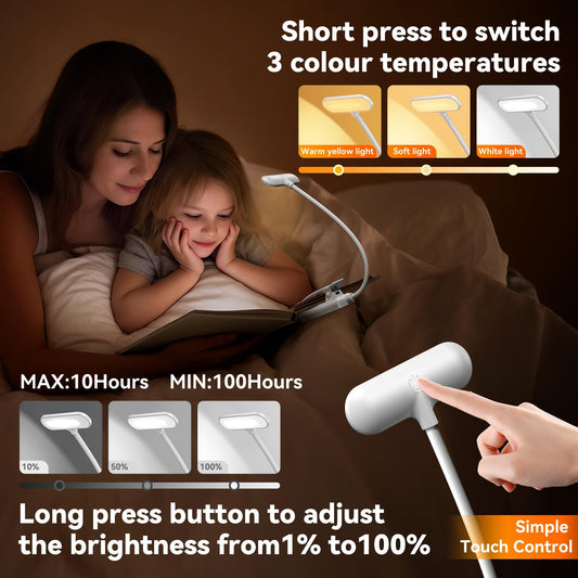 20 LED Rechargeable Book Light for Reading in Bed, Eye Caring 3 Color Temperatures, Adjustable Brightness, 100H Runtime, Durable & Lightweight, Portable Clip On Reading Light for Study, Travel