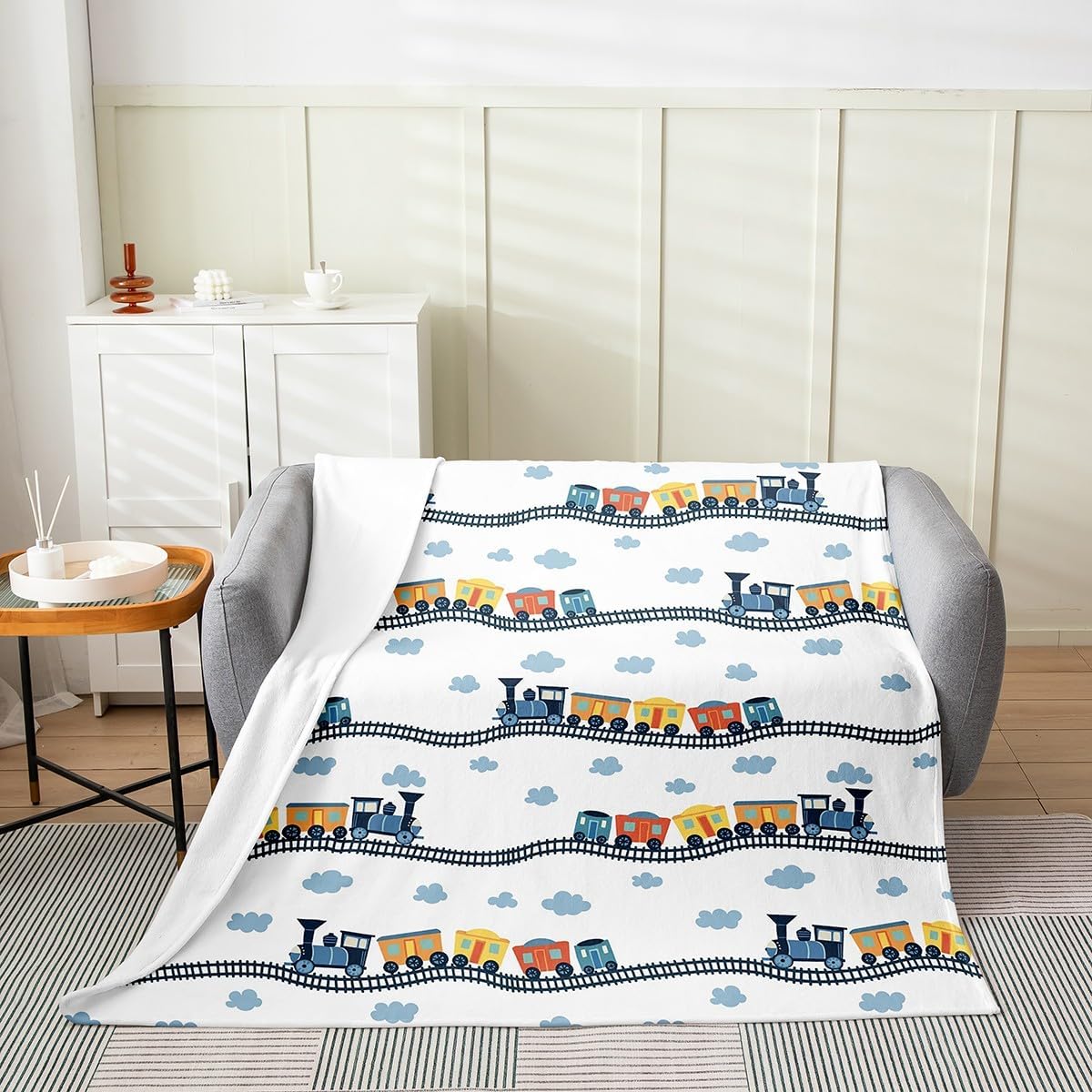 Erosebridal Train Fuzzy Blanket, Cartoon Smoking Engine Throw Blanket for Kids Boys, Construction Vehicles Fleece Blanket for Bed Sofa Couch, Railway Rail Ripple Plush Bed Blanket, 40"X50"