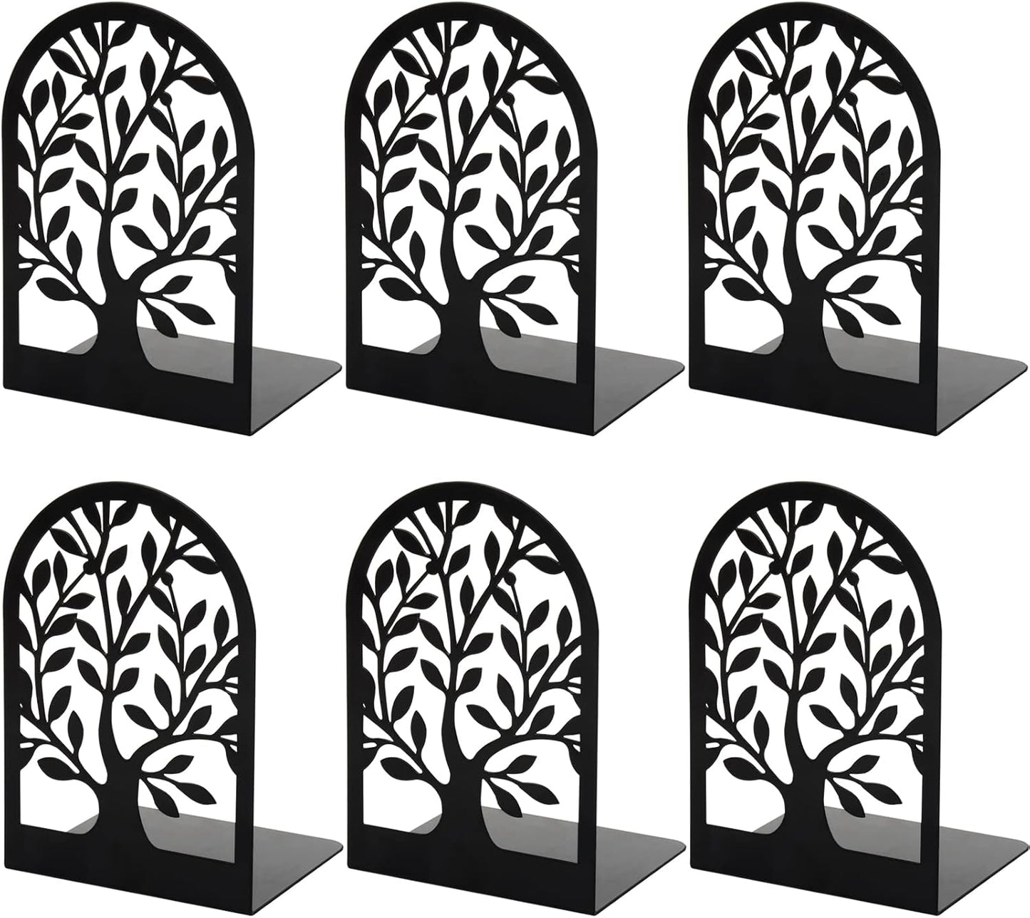 Umikk Book Ends, Bookends for Shelves, Tree Book End to Hold Books, Metal Bookend Stopper, Non-Skid Book Holder, Black Book Supports for Office Home Kitchen, Modern Decorative Bookends(3 Pair/6 Pcs)