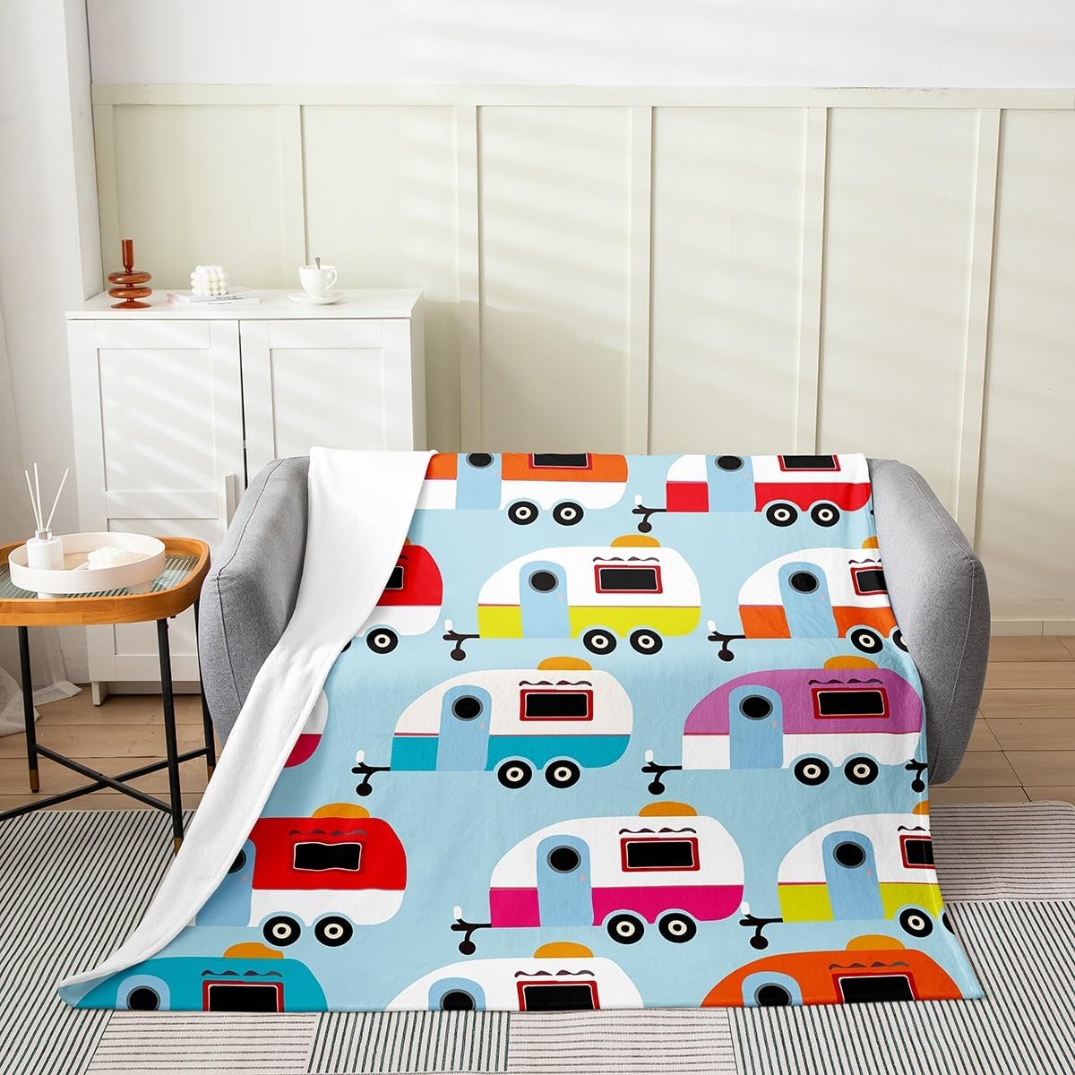Erosebridal Camper Throw Blanket Throw Size, Happy Camping Fleece Blanket Room Decor, Cartoon Travelling Camping Blanket for Sofa Couch, Colorful Camping Fuzzy Blanket for Camp Lovers Campsite Hiking