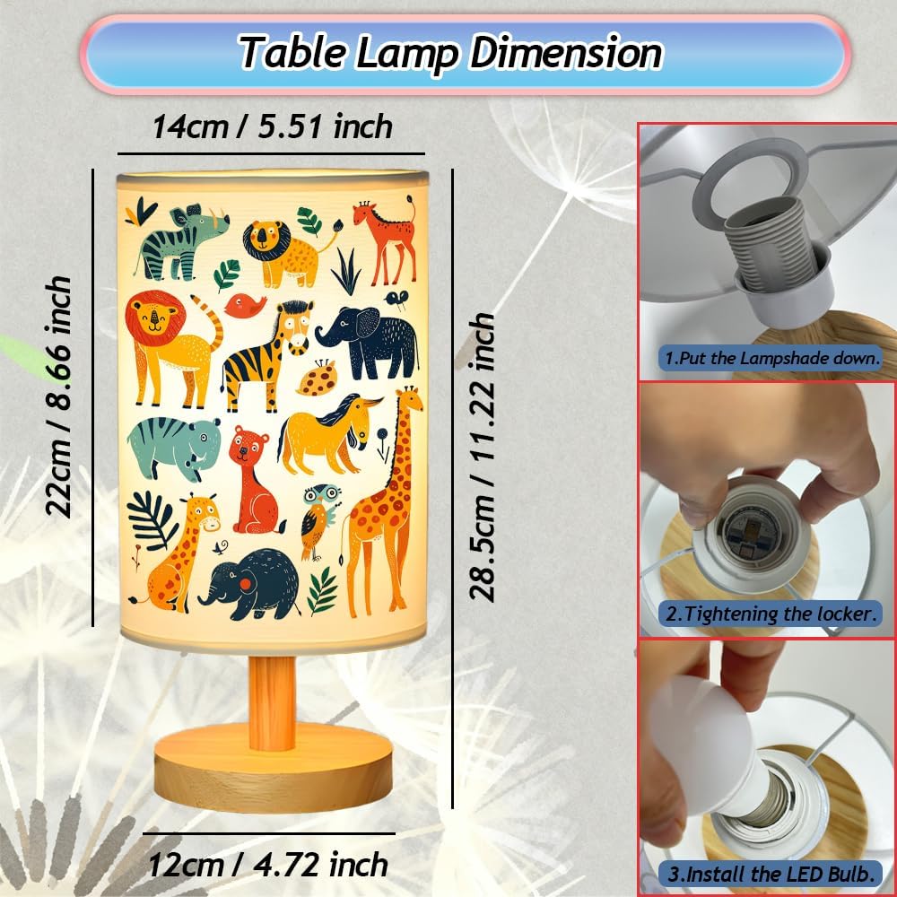 Safari Animal Kids Bedside Table Lamp for Bedroom, 3 Colors Nightstand Light Lamp with Wood Base Round Flaxen Fabric Shade Desk Reading Lamp for Girls Boys Room Decor, Animal Nursery Stuff Boys Gifts