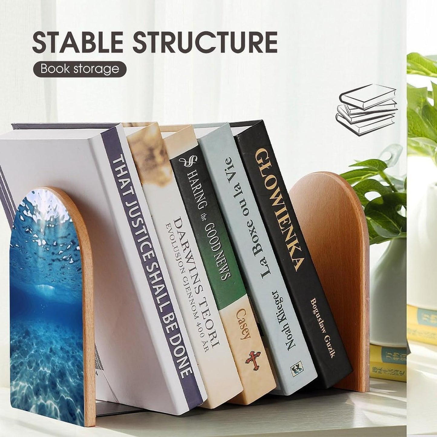 Blue Ocean Sea Bookend for Shelves Wooden Book End Large Size Sturdy Book Holders Stoppers with Metal Base for Bookshelves Slick Decorative Bookends Stands