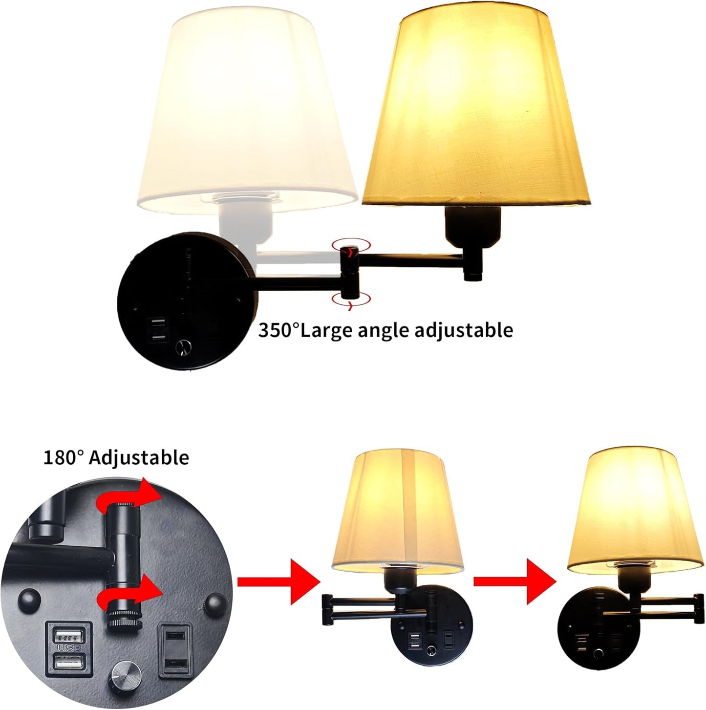 Wall Mounted Bedside Lamps with USB and 2 Pin Socket,Bedroom Sconces Set of 2 Cord and Switch,Dimmable Swing Arm Wall Sconce with White Linen Fabric Shade(E26/E27 Bulbs Not Included)