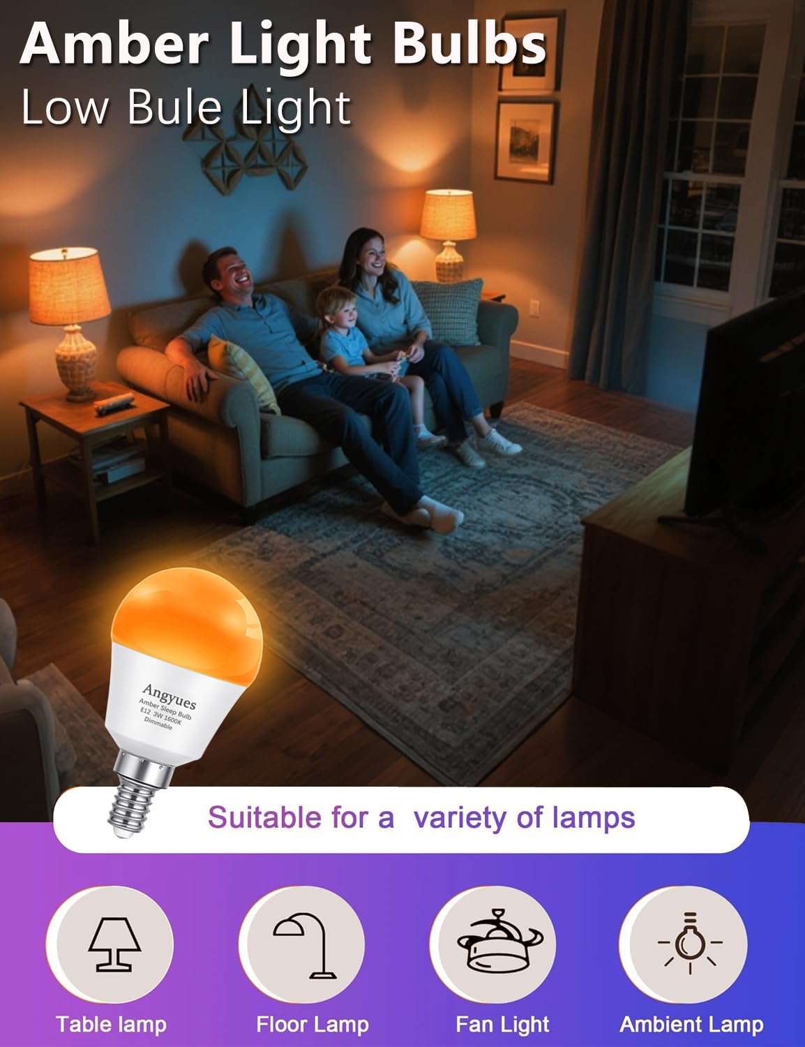 E12 Small Candelabra Base Amber Sleep Light Bulb Dimmable，1600K Blue Light Blocking, A15 Warm Night Light Bulbs 25W 40W Equivalent, 3W 300LM Dim Lamp Bulbs for Healthy Sleep, Bedroom 6Pack