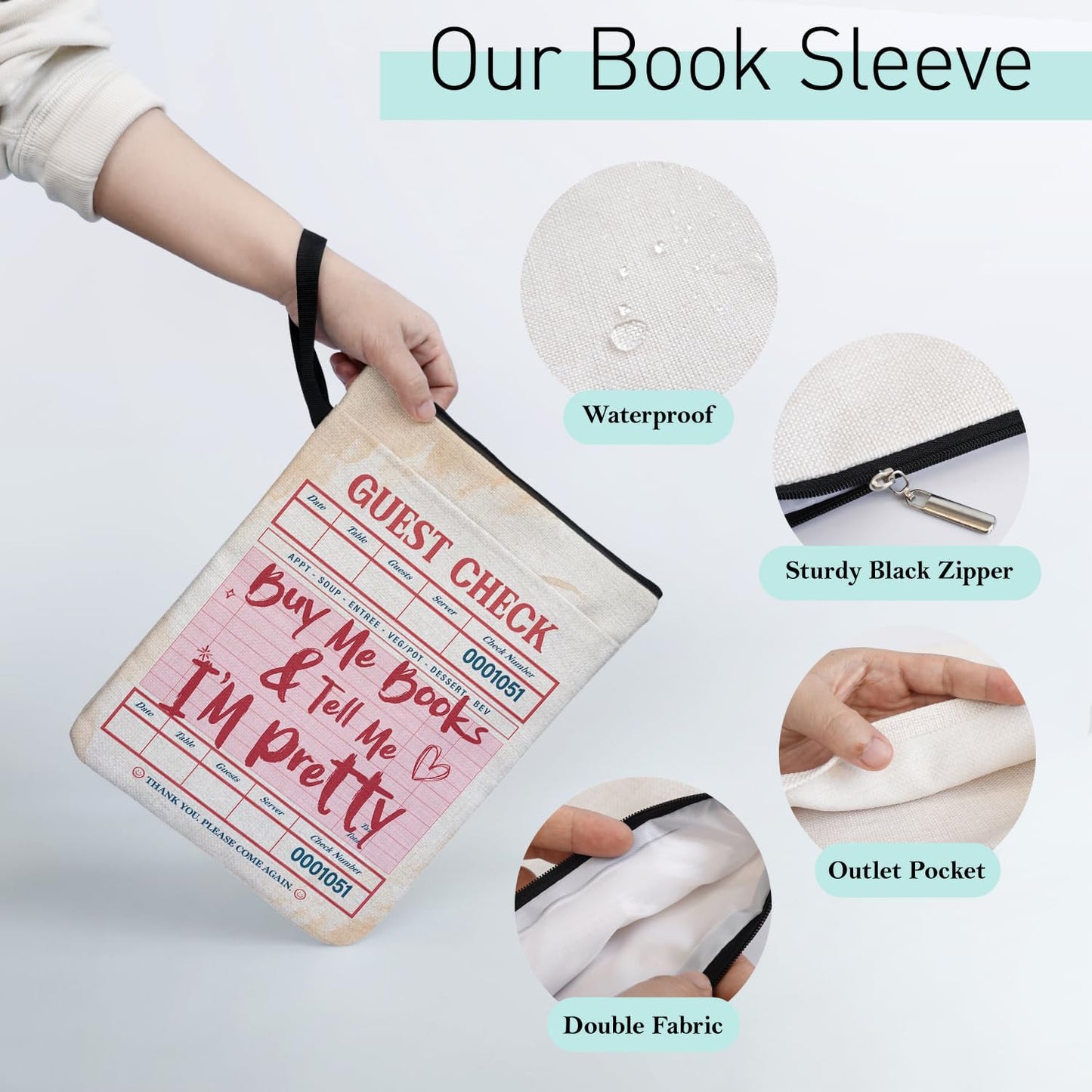 Vintage Guest Check Pattern Book Sleeve for Book Club Gifts with Zipper and Handle, Front Pocket for Travel Essentials, Book Lovers Gifts for Commute & Vacation, Buy Me Books & Tell Me I am Pretty