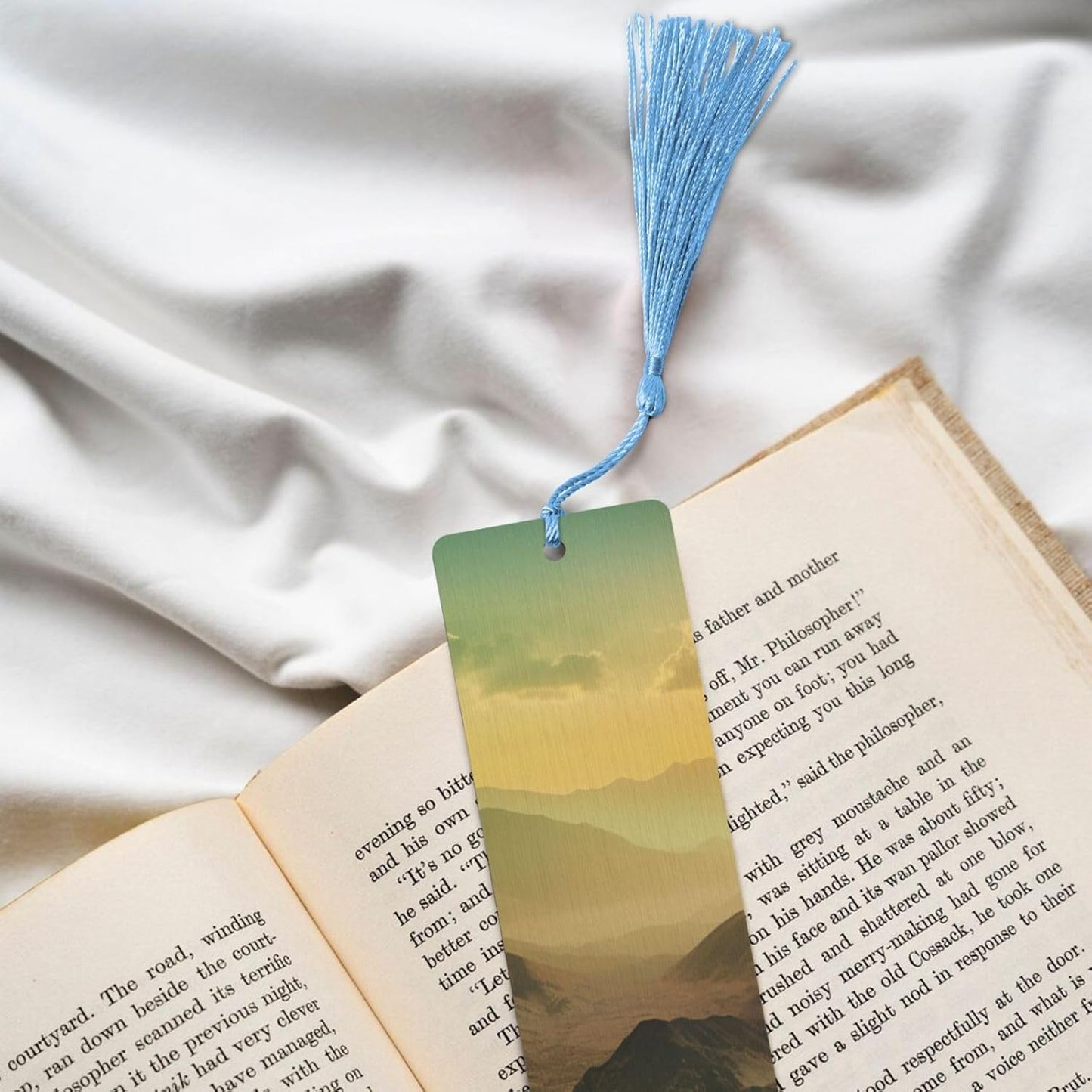 Sunset in Valley Bookmarks Gifts for Women Men, Wooden Bookmarks for Book Lovers, Vintage Book Marks Ornaments with Tassel, Unique Personalized Reading Page Markers Sky Blue