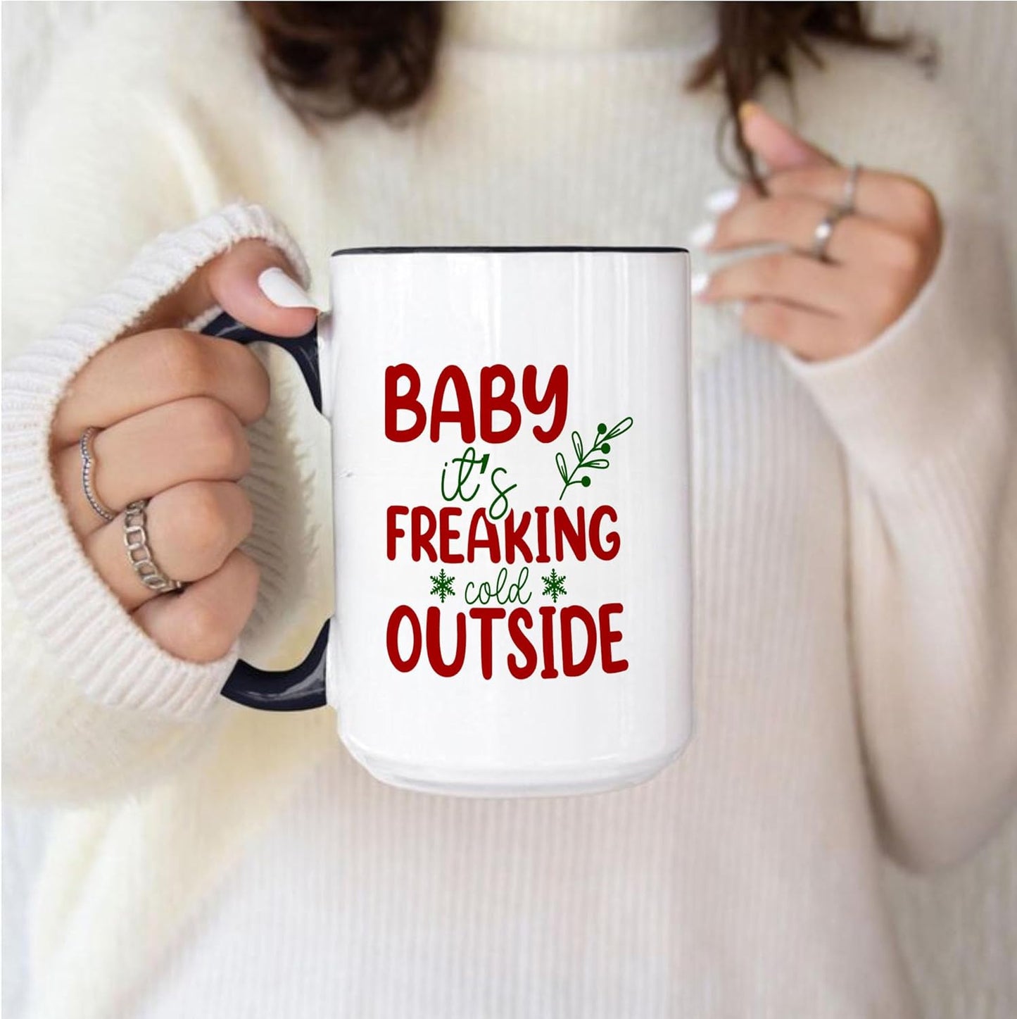 Baby It's Freaking Cold Outside Funny Christmas Two-Tone Accent Ceramic Mugs, Xmas Holiday Coffee Cups, 11oz 15oz, Seasonal Gift Idea