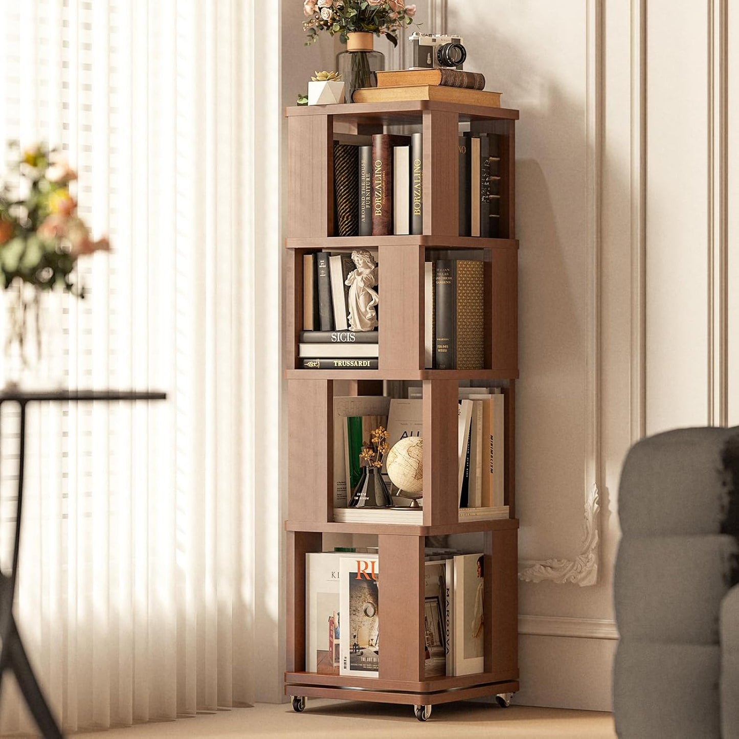 4 Tier Solid Wood Rotating Bookshelf Tower on Wheels, 360° Upgrade Spinning Book Shelf, Revolving Bookcase Organizer, Swivel Bookshelves for Small Spaces, Corner, Bedroom, Kids Room, Office (Walnut)