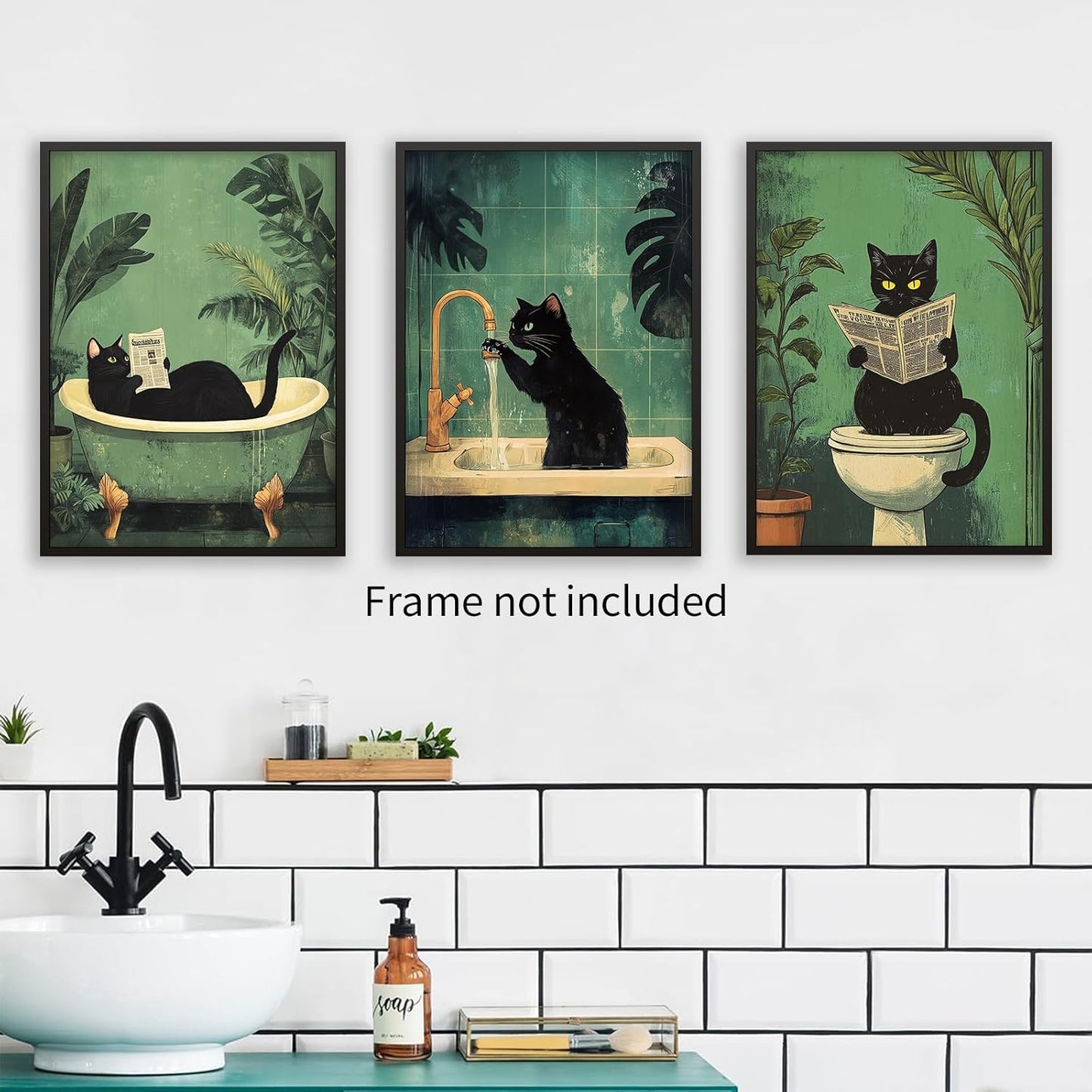 FuSatisYilife Fun Bathroom Black Set of 3 Cat Wall Art Funny Cat Wash Its Paws Reading Newspaper Poster Retro Animal in Bathtub Canvas Prints for Restroom Toilet Wall Decor 08x10 inch Unframed