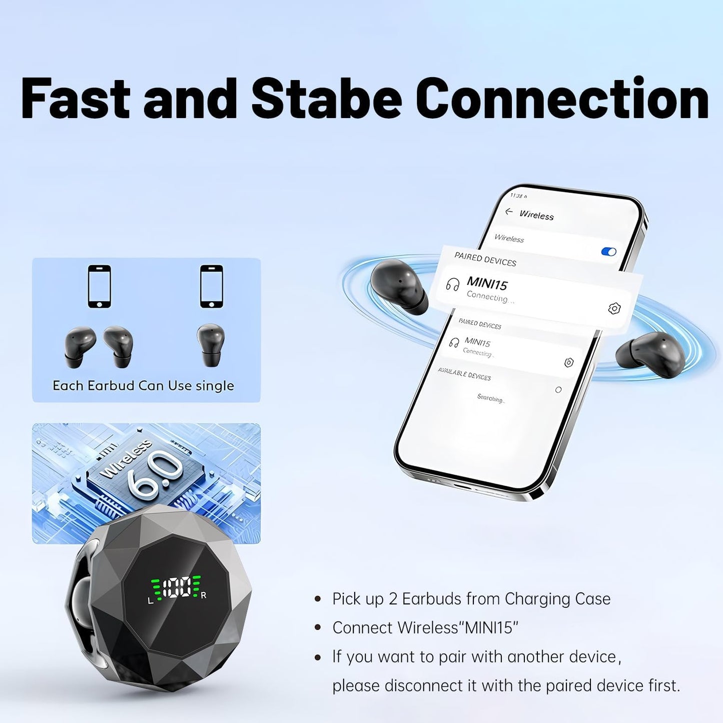 Wireless Earbuds,Invisible Sleep Headphones, Bluetooth 6.0 Headphones with ENC Noise Cancelling,Ultra Small Lightweight Half in-Ear Headphones for Sleeping, Workouts, Music-White