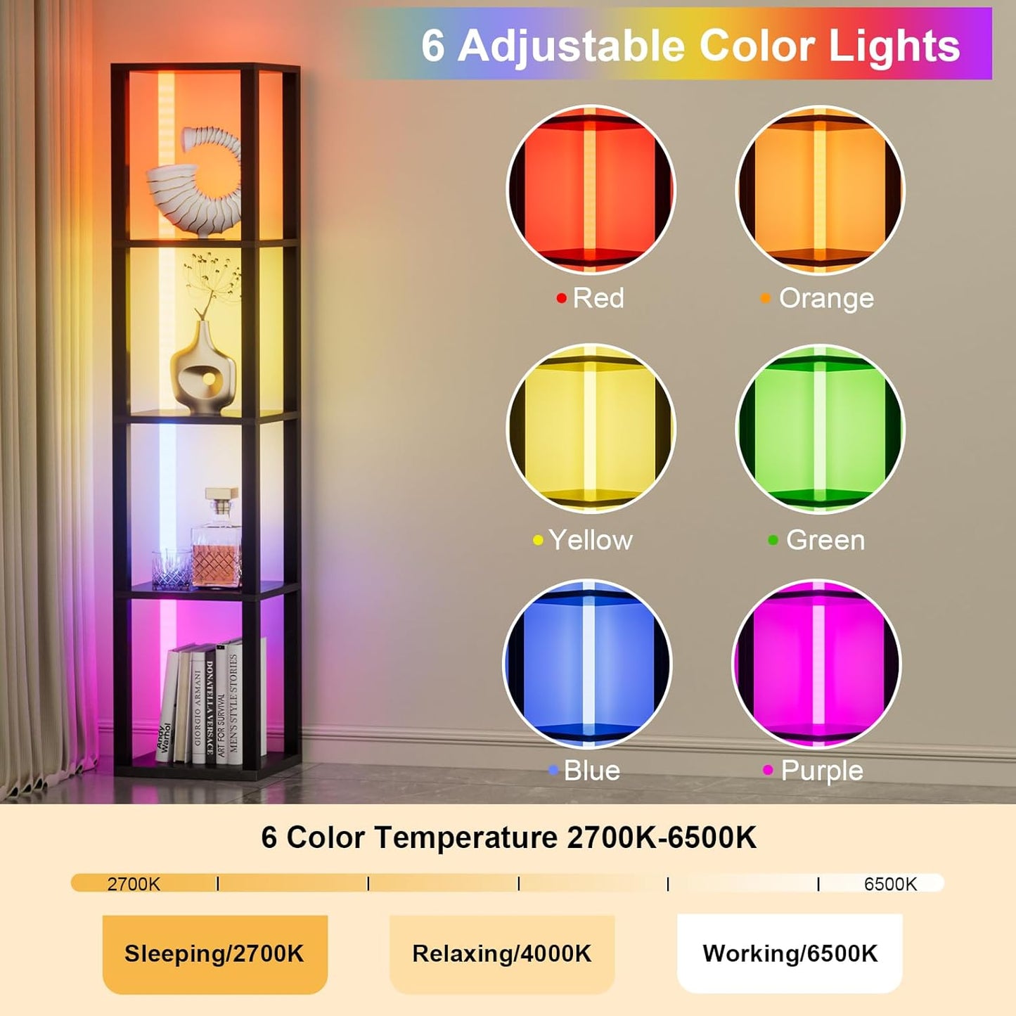 Corners Shelf with Light 5 Tier Tall Standing Shelf Dimmable Corner Floor Lamp with Shelves LED Corner Bookshelf Display Cabinet Shelf for Living Room, Bedroom, Home Decor