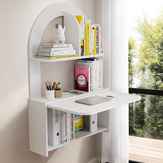 Wall Mounted Drop-Leaf Table, Floating Laptop Desk, Folding Table with Shelves, Multifunctional Computer Workstation Storage Compartments in Home Office for Space Saving (White)