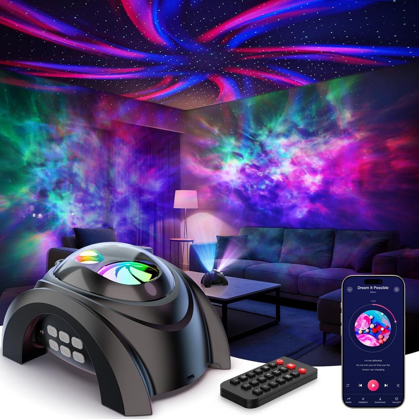Rossetta Dual Lens Galaxy Projector, Star Projector for Bedroom with 58 Light Effects, Night Light Projector with White Noise & Bluetooth Speaker, Remote Timer, Easter Room Decor Gift for Kids Adults