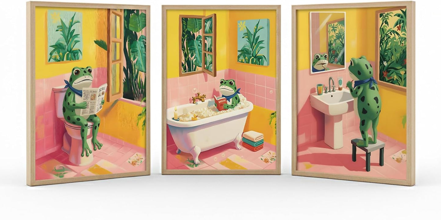 3 Piece Funny Frog Bathroom Wall Art, Unframed Whimsical Pink & Yellow Canvas Prints, Cute Animal Core Morning Routine Decor for Kids & Guest Restroom - Reading, Brushing Teeth, Bathing Scenes