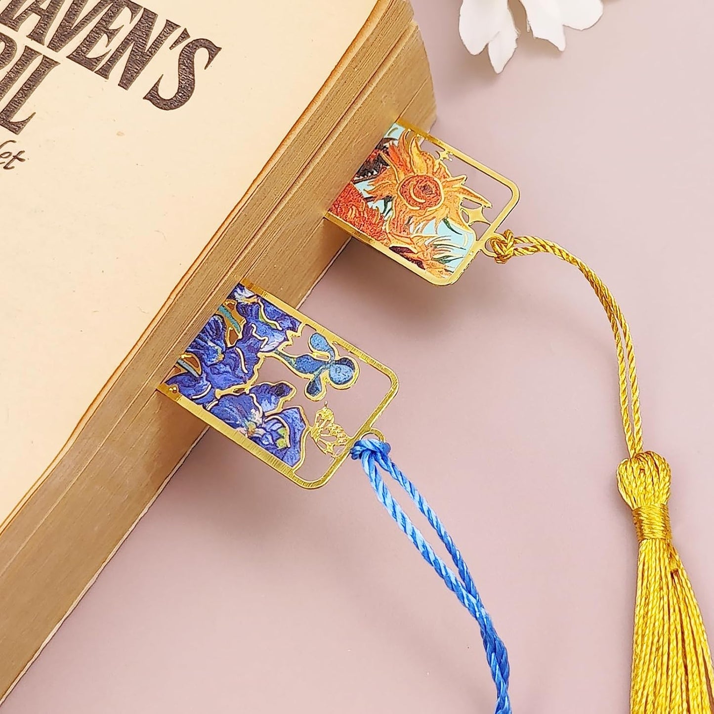4 Piece Metal Bookmark Set, Vintage Van Gogh & Monet Oil Painting Theme with Tassels, Hollow Floral Design Aesthetic Reading Accessories for Women, Book Lovers Gifts for Readers