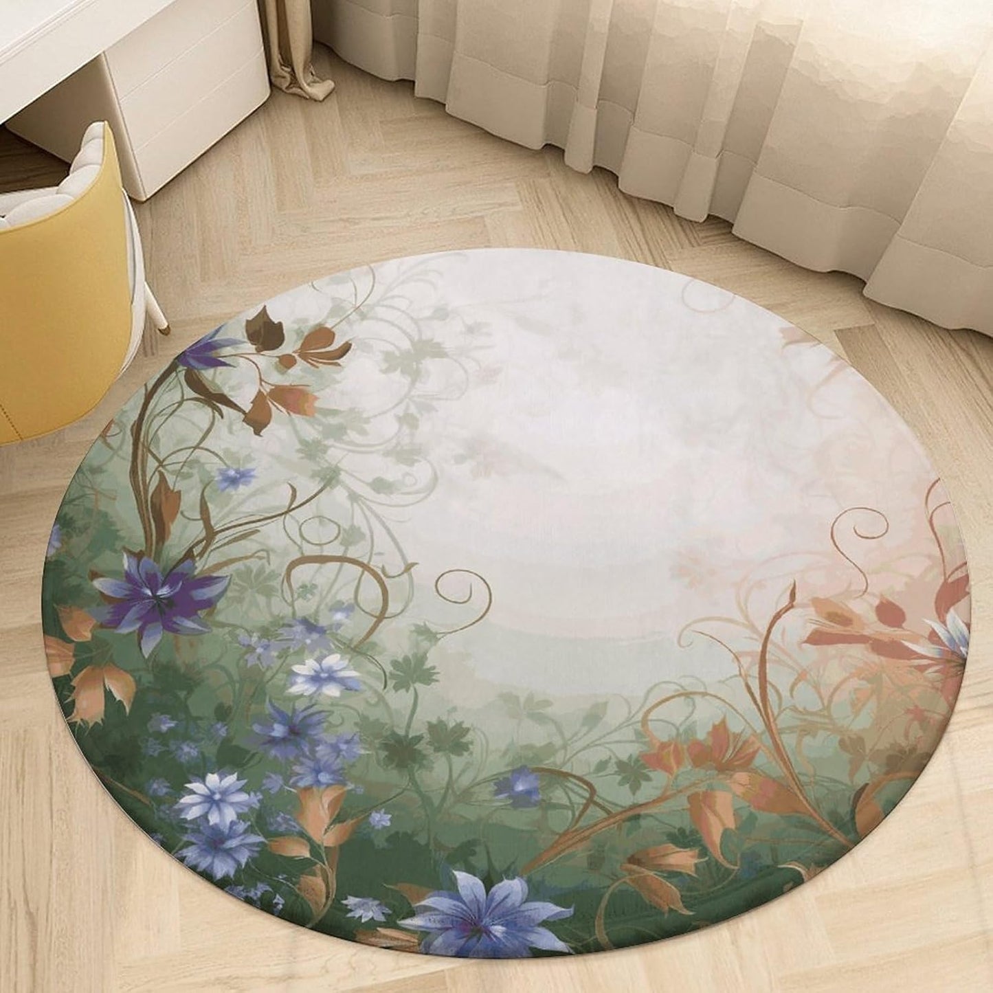 Floral Swirls Ivy Circle Rug Retro Luxury Coral Velvet Floor Mat Non Slip Soft Indoor Floor Carpet Comfy Thickened Area Rugs Modern Aesthetic Minimalist Carpets for Home Decor