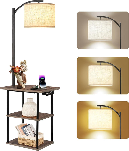 PESRAE Floor Lamp with Table,Lamps for Nightstand with Charging Station(USB & Type-C & AC Port), 3 Color Temperatures 9W LED Bulb, Modern Shelves Side Table for Bedroom, Office