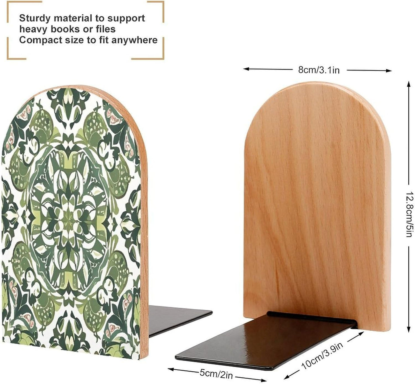 Green Decorative Pattern Bookends 1 Pair Heavy Duty Book Ends for Shelves Non-Skid Bookend Supports Wooden Book Holders with Metal Base Desk Organizers Books Storage to Hold Books