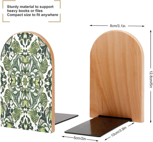 Green Decorative Pattern Bookends 1 Pair Heavy Duty Book Ends for Shelves Non-Skid Bookend Supports Wooden Book Holders with Metal Base Desk Organizers Books Storage to Hold Books