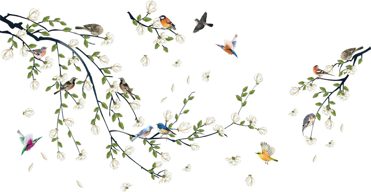 4 Sheets Magnolia Branches Wall Decals White Flowers Wall Stickers DIY Removable Colorful Birds Wall Sticker Petals Falling Home Decoration for Girls Bedroom Living Room Kitchen Bathroom TV Background