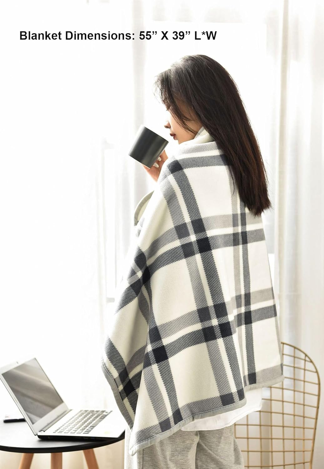 Fleece Wearable Blanket 55 x 39 Shoulder Wrap Blanket for Sofa, Couch (Grey-White)
