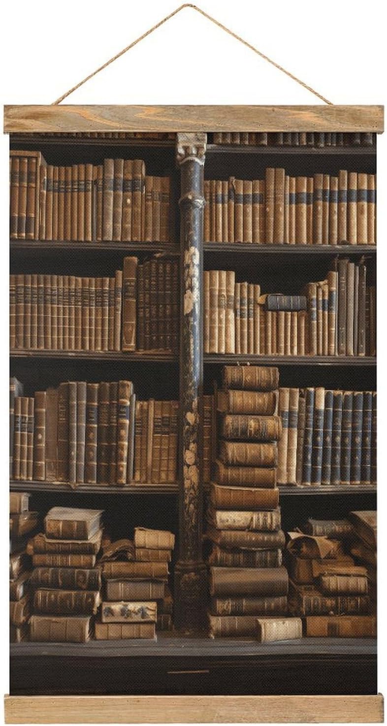 Vintage Old Books in Library Poster with Wooden Frame Personalized Linen Hanging Scroll Painting Rustic Wall Hanging Illustrative Modern Artwork Decor for Home Living Room Bedroom Office