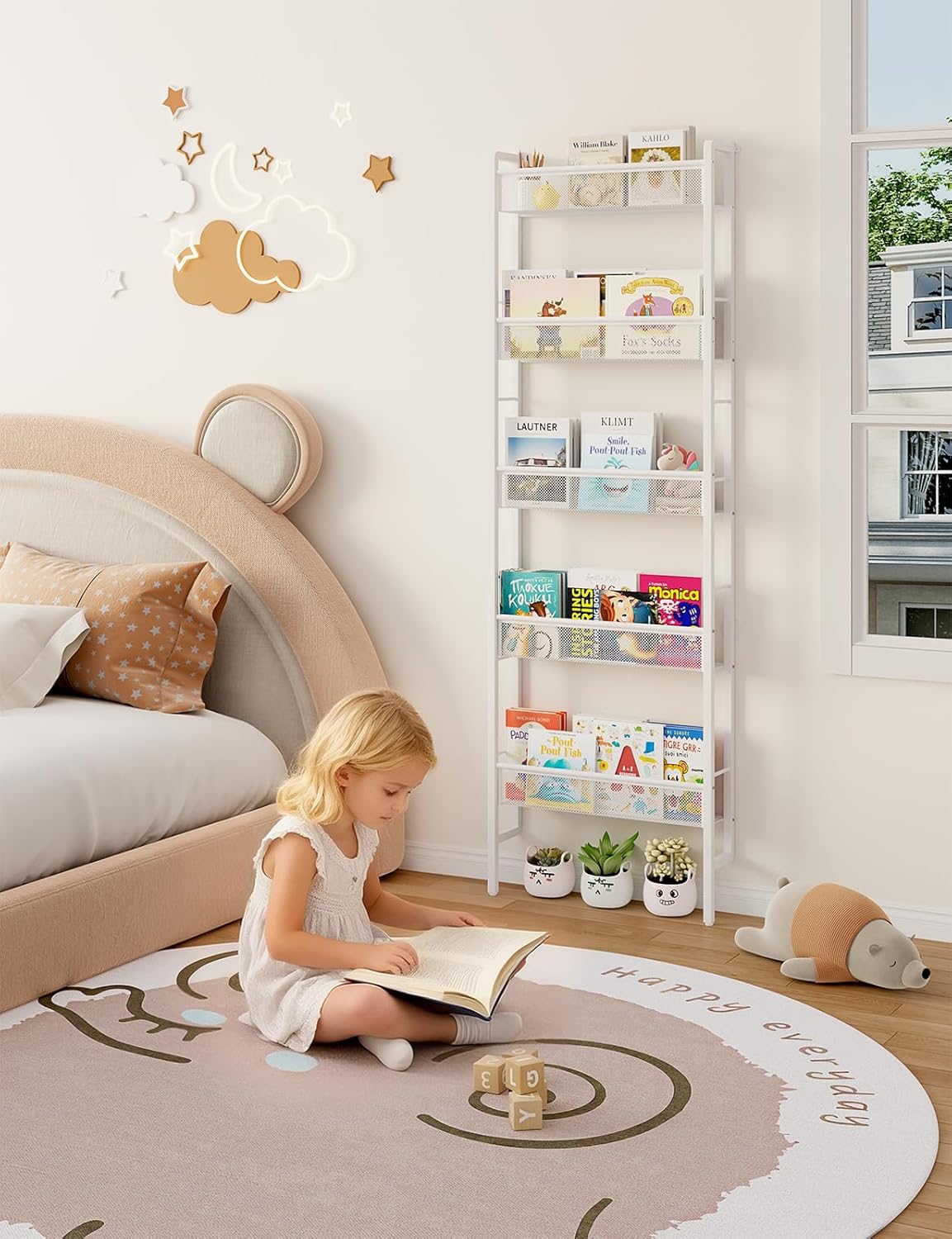 B8 Kids Bookshelf Wall Mounted, 5-Tier Wall Bookshelf for Kids, Children's Bookcases Organizer for Toys and Books, Metal Toddler Book Shelves for Nursery, Bedroom, Living Room, White