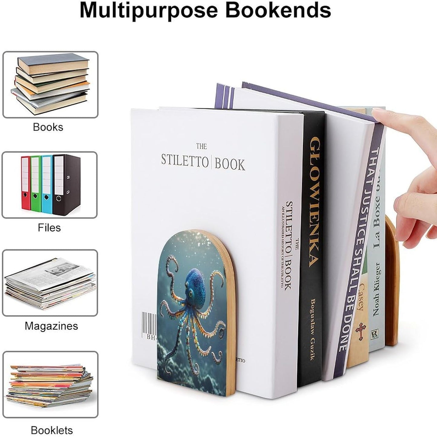 Octopus Bookends 1 Pair Heavy Duty Book Ends for Shelves Non-Skid Bookend Supports Wooden Book Holders with Metal Base Desk Organizers Books Storage to Hold Books