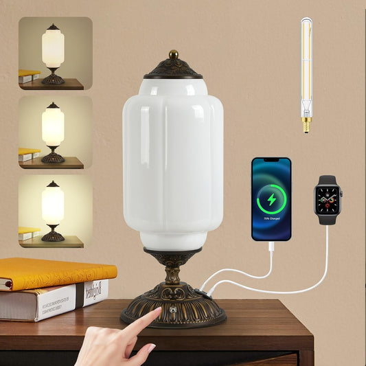 Vintage Milk Glass Table Lamp - 3 Way Dimmable Touch Control - White Bedside Lamps with USB C+A Charging Ports - Cute Art Deco Modern Living room End Table Lamp for Bedroom Nightstand Tabletop(Bulbx1)
